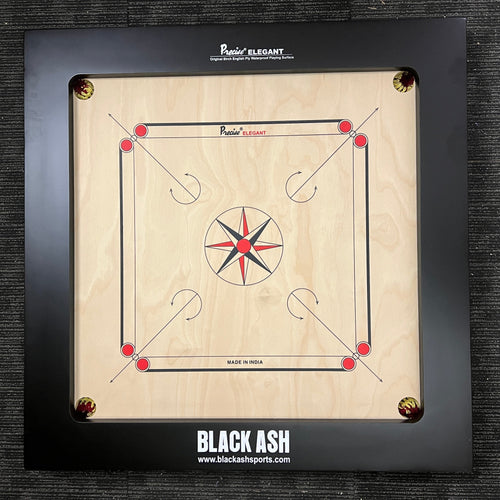Precise Bulldog Elegant carrom board, 28mm thick English Birchwood ply, 37x37 inches overall size with a 29x29 inch playing area and 4-inch borders. Comes with a striker and a set of coins, known for its super satin smooth tournament playing surface.