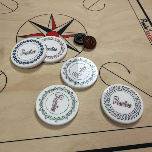 3.0 inch Precise carrom striker for professional and club players, weighing approximately 41 grams, each with a unique design, available at Black Ash Sports.