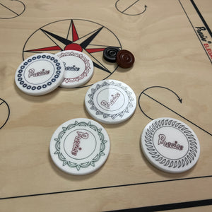 3.0 inch Precise carrom striker for professional and club players, weighing approximately 41 grams, each with a unique design, available at Black Ash Sports.