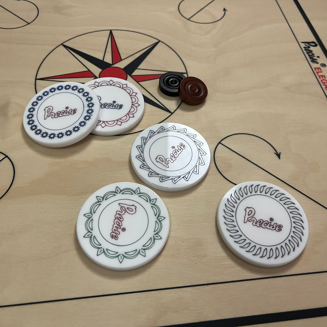 3.0 inch Precise carrom striker for professional and club players, weighing approximately 41 grams, each with a unique design, available at Black Ash Sports.