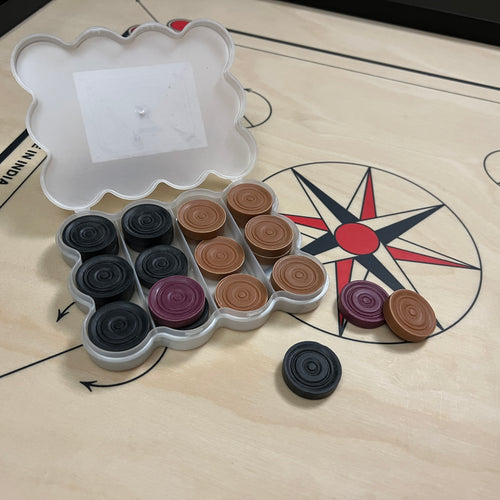 Set of PRECISE Popular 8mm plastic carrommen for practice boards, uniform in weight and size, packed in a custom plastic box, exclusively sold by Black Ash Sports.