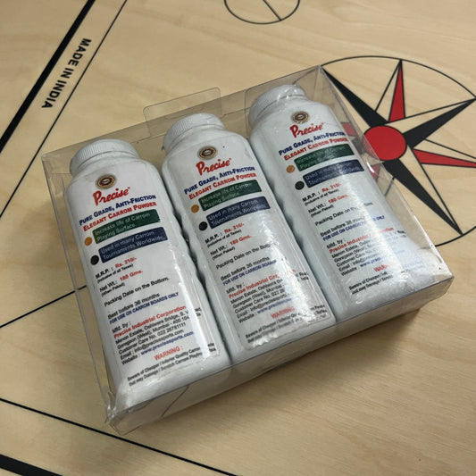 Triple pack of Precise Elegant carrom powder in 180g bottles with sifter caps for easy use, designed for superior carrom boards and endorsed by Black Ash Sports.