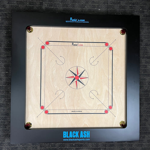 PRECISE Bulldog A-One carrom board, 24mm thick special selected A-One waterproof ply, 37x37 inches overall with a 29x29 inch playing area and 4-inch borders. Comes with a striker and set of coins, approved for use in state ranking tournaments