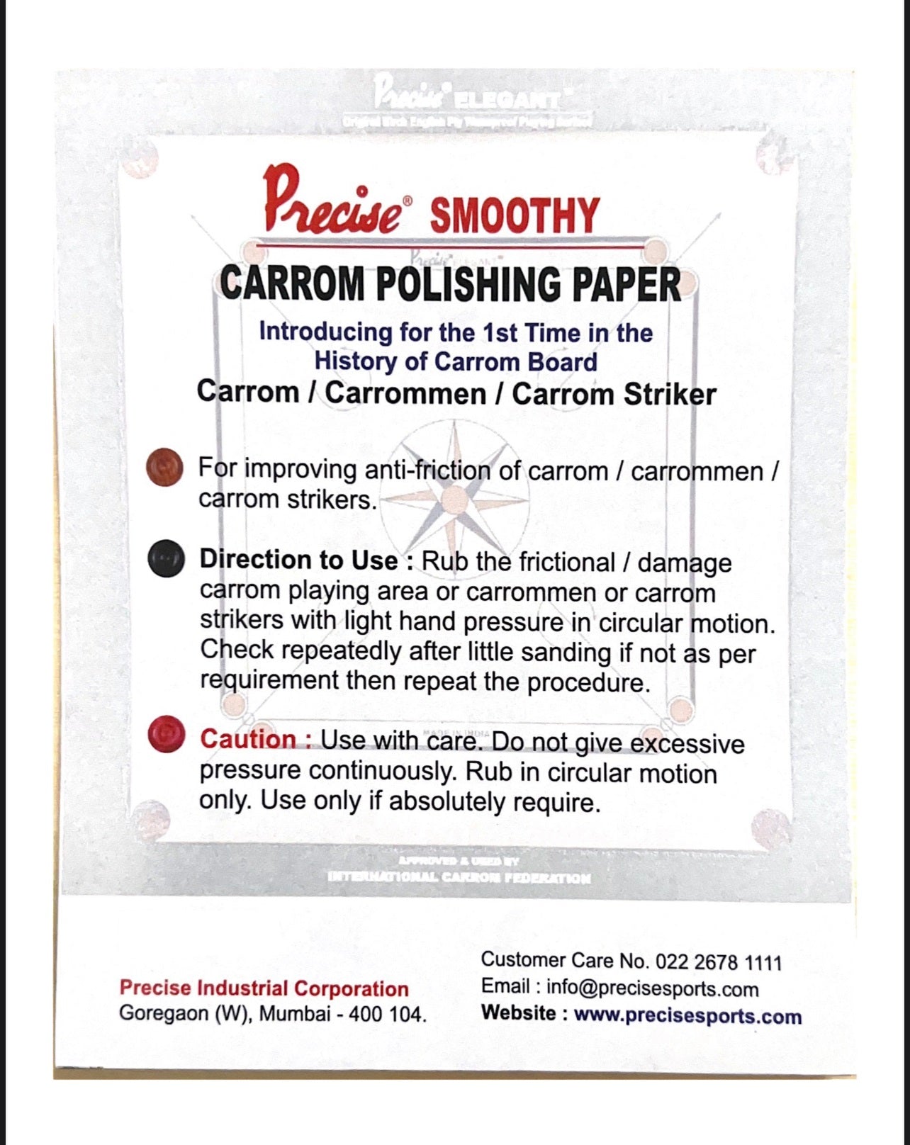 Pack of Precise Smoothy carrom polishing paper by Black Ash Sports, designed to improve the anti-friction qualities of carrom boards, carrommen, and carrom strikers for smoother play.