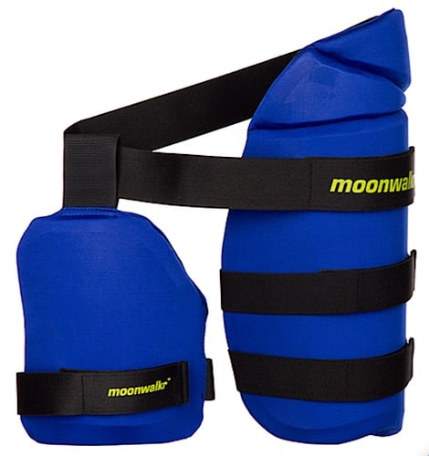 Moonwalkr ENDOS Thigh Guards for boys and men in blue, integrated dual thigh guard with 3D protection design for inner and outer thigh regions. Made from lightweight composite materials for superior protection, with a hinged design for a flexible fit and maximum mobility, perfect for cricket professionals and enthusiasts.