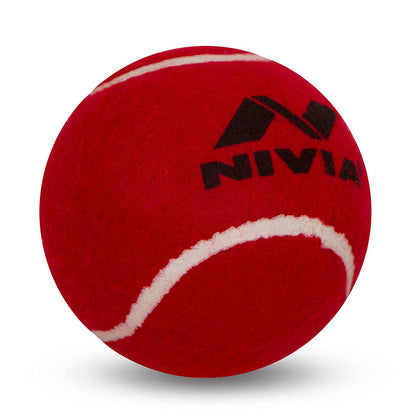 Pack of 12 Nivia Heavy Tennis Cricket Balls, in red or green, designed for cricket play with a hard tennis ball construction, made in India.