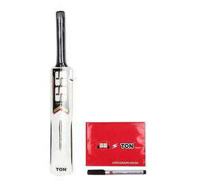 SS Autograph kit containing a mini bat, an autograph book, and a pen, designed for cricket fans and players to collect signatures and memories.