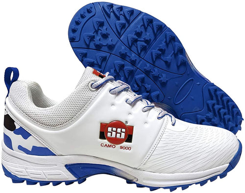 SS Camo 9000 cricket shoes with lightweight synthetic leather upper, mesh inner, and EVA phylon midsole for comfort and support. Features foam collar, Zibbi Form Foam, and a rubber soleplate, designed for agility and performance on the cricket field.