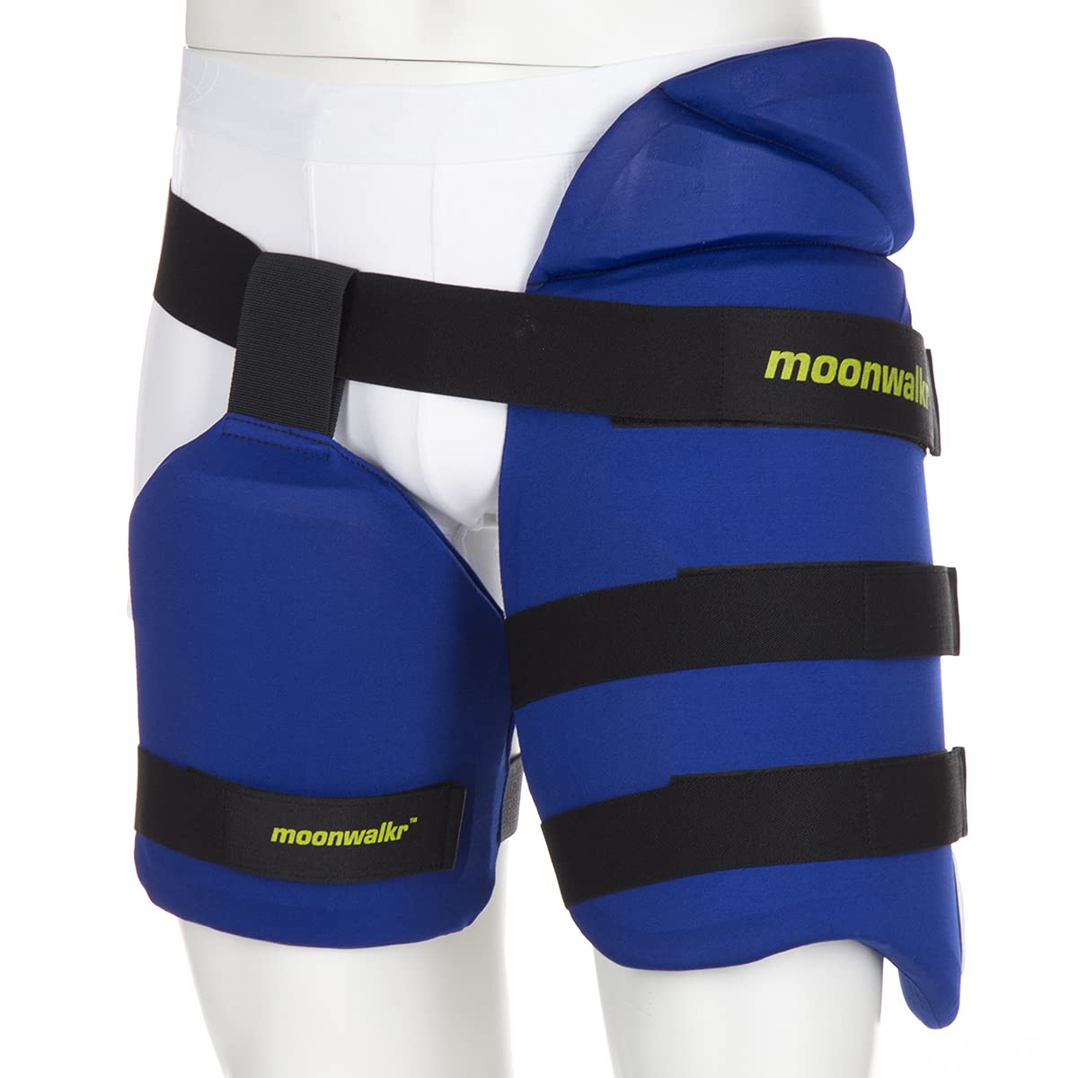 Moonwalkr ENDOS Thigh Guards for boys and men in blue, integrated dual thigh guard with 3D protection design for inner and outer thigh regions. Made from lightweight composite materials for superior protection, with a hinged design for a flexible fit and maximum mobility, perfect for cricket professionals and enthusiasts.
