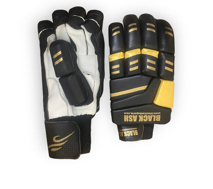 Black/Gold Cricket Batting Gloves by Black Ash, featuring light-weight high-density foam for protection, full leather palm, two-piece thumb, high-quality Velcro closing, and towel lining on the wrist area, available in black and gold.