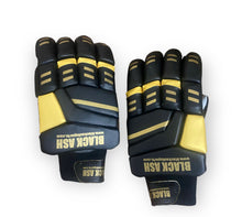 Load image into Gallery viewer, Black/Gold Cricket Batting Gloves by Black Ash, featuring light-weight high-density foam for protection, full leather palm, two-piece thumb, high-quality Velcro closing, and towel lining on the wrist area, available in black and gold.