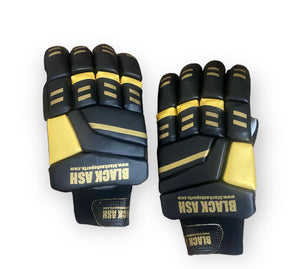 Black/Gold Cricket Batting Gloves by Black Ash, featuring light-weight high-density foam for protection, full leather palm, two-piece thumb, high-quality Velcro closing, and towel lining on the wrist area, available in black and gold.