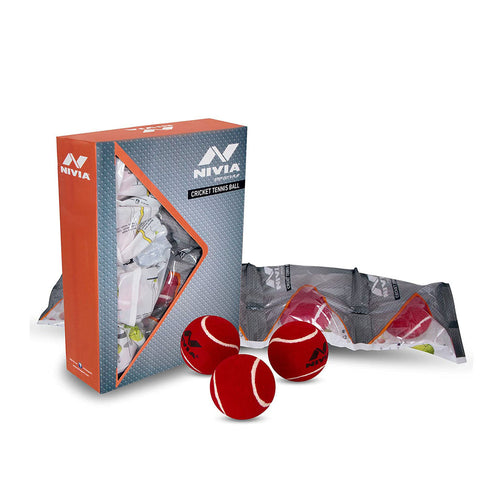Pack of 12 Nivia Heavy Tennis Cricket Balls, in red or green, designed for cricket play with a hard tennis ball construction, made in India.