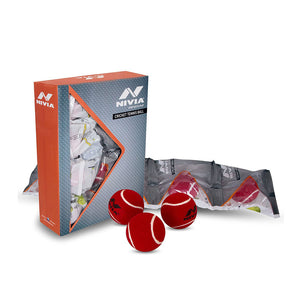 Pack of 12 Nivia Heavy Tennis Cricket Balls, in red or green, designed for cricket play with a hard tennis ball construction, made in India.