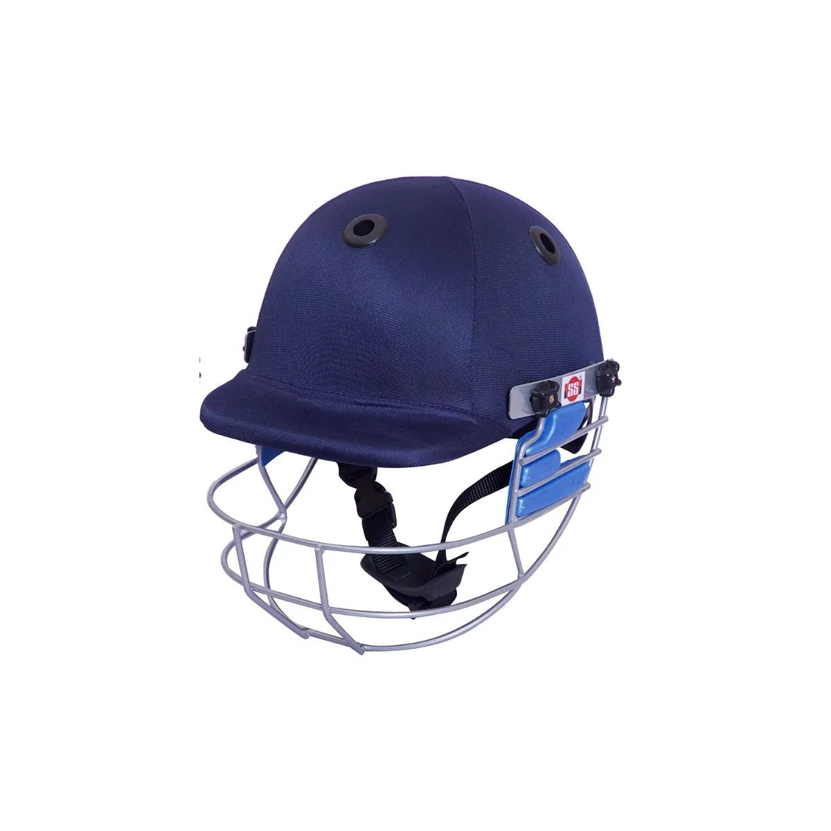 SS Matrix cricket helmet with an adjustable steel grill for superior protection, made from fiberglass with an innovative Air Flow cooling system for optimal ventilation, featuring easy adjustment nape straps for a comfortable and secure fit.