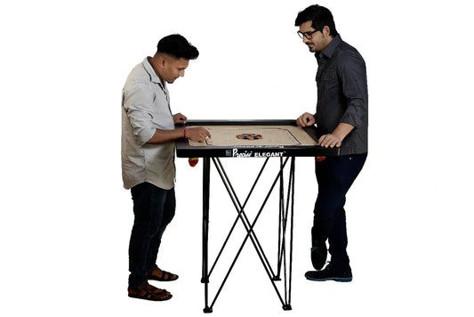 42-inch Precise Giant Easy Fold carrom stand with a compact hydraulic design for standing play, ideal for various settings, features rubber feet and levelers for stability.