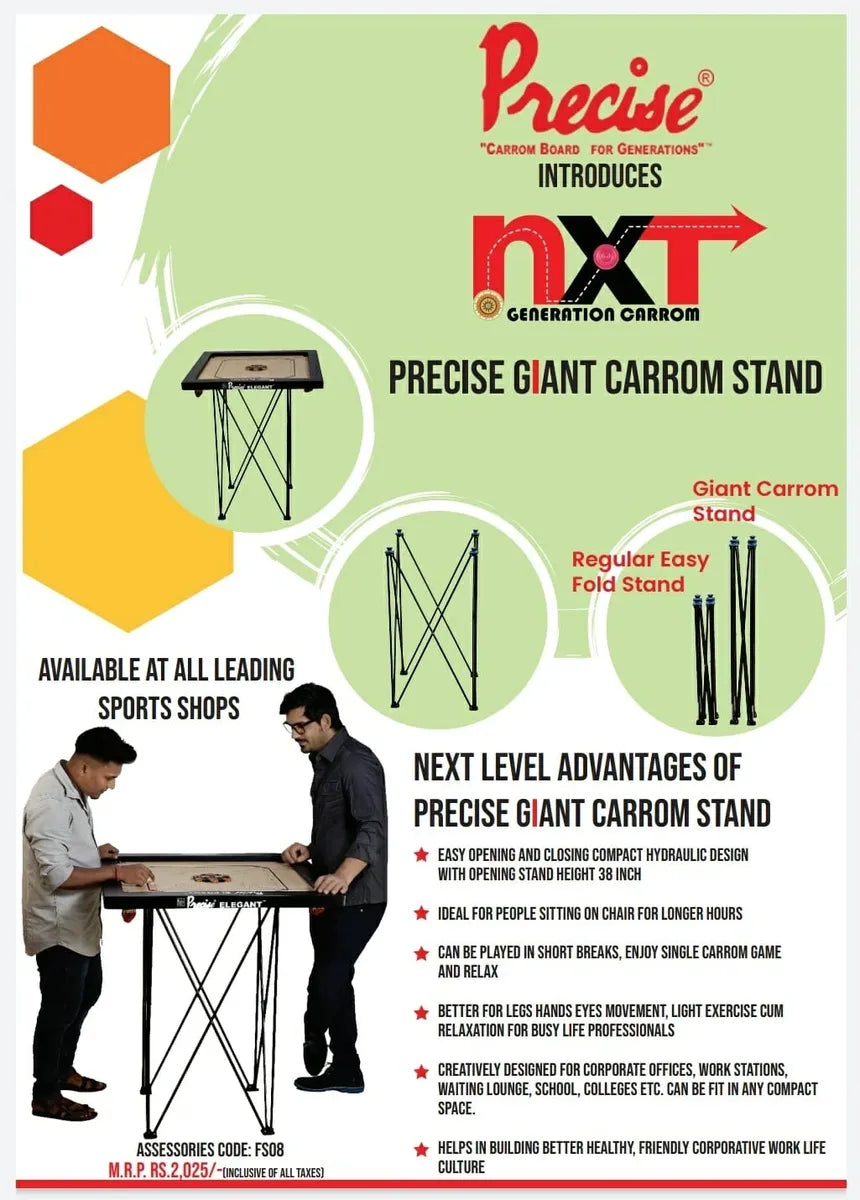 42-inch Precise Giant Easy Fold carrom stand with a compact hydraulic design for standing play, ideal for various settings, features rubber feet and levelers for stability.