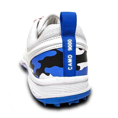 SS Camo 9000 cricket shoes with lightweight synthetic leather upper, mesh inner, and EVA phylon midsole for comfort and support. Features foam collar, Zibbi Form Foam, and a rubber soleplate, designed for agility and performance on the cricket field.