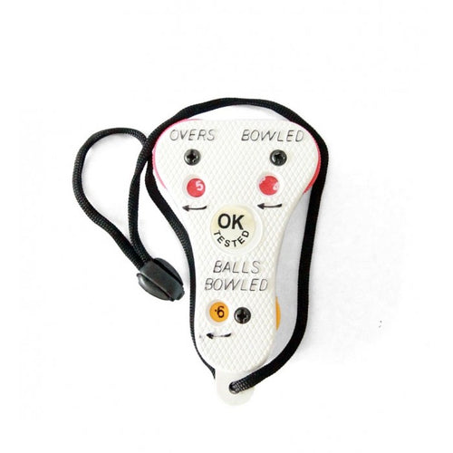 White SS umpire counter made from durable hard plastic, designed to track the number of balls bowled per over up to 99 overs, featuring high resilience, excellent quality dial, a comfortable shape with a nylon loop for security.