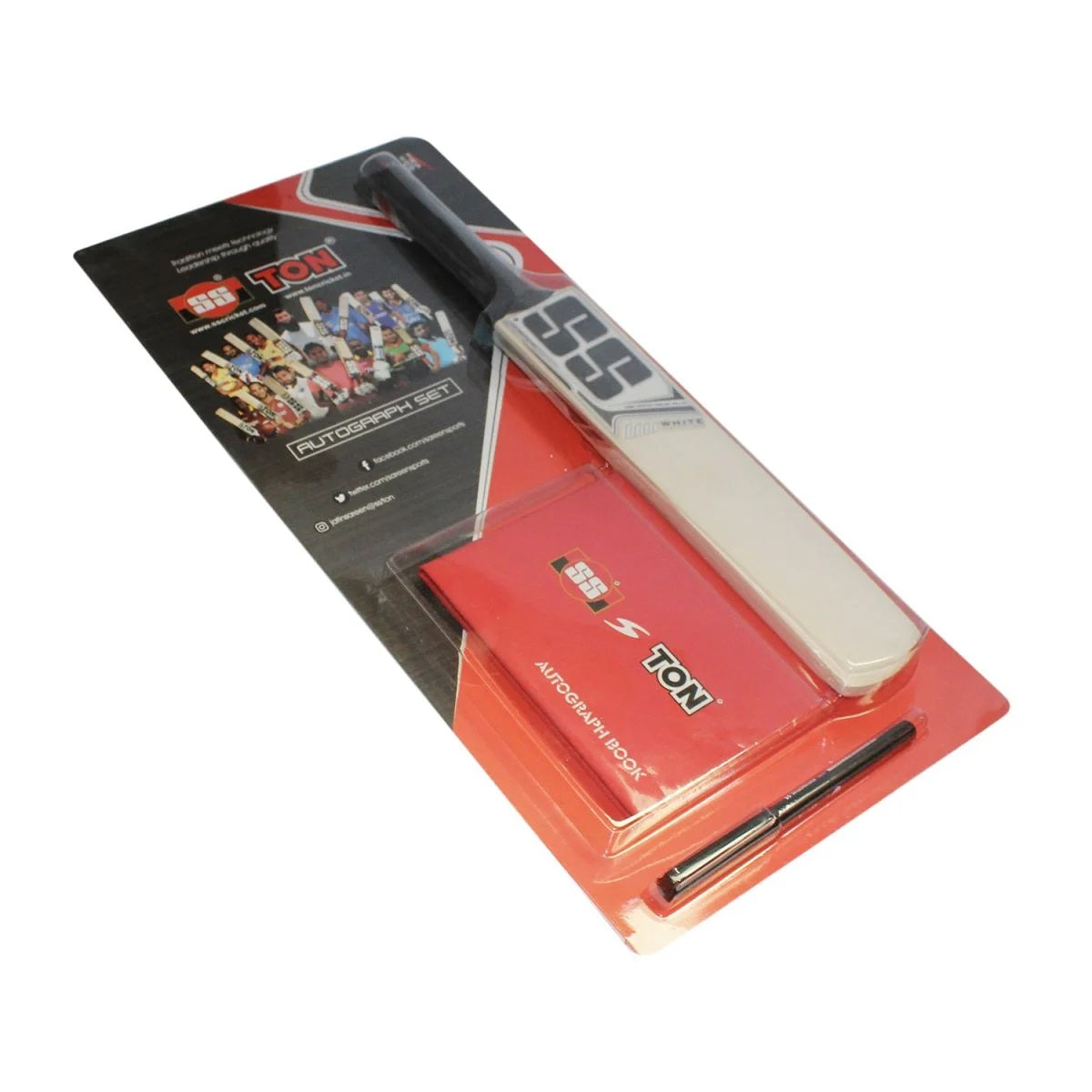 SS Autograph kit containing a mini bat, an autograph book, and a pen, designed for cricket fans and players to collect signatures and memories.